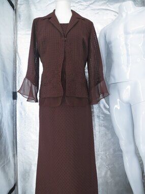Vintage Plaza Collection Brown Maxi Dress Jacket Set Size 8 Chiffon Embroidered